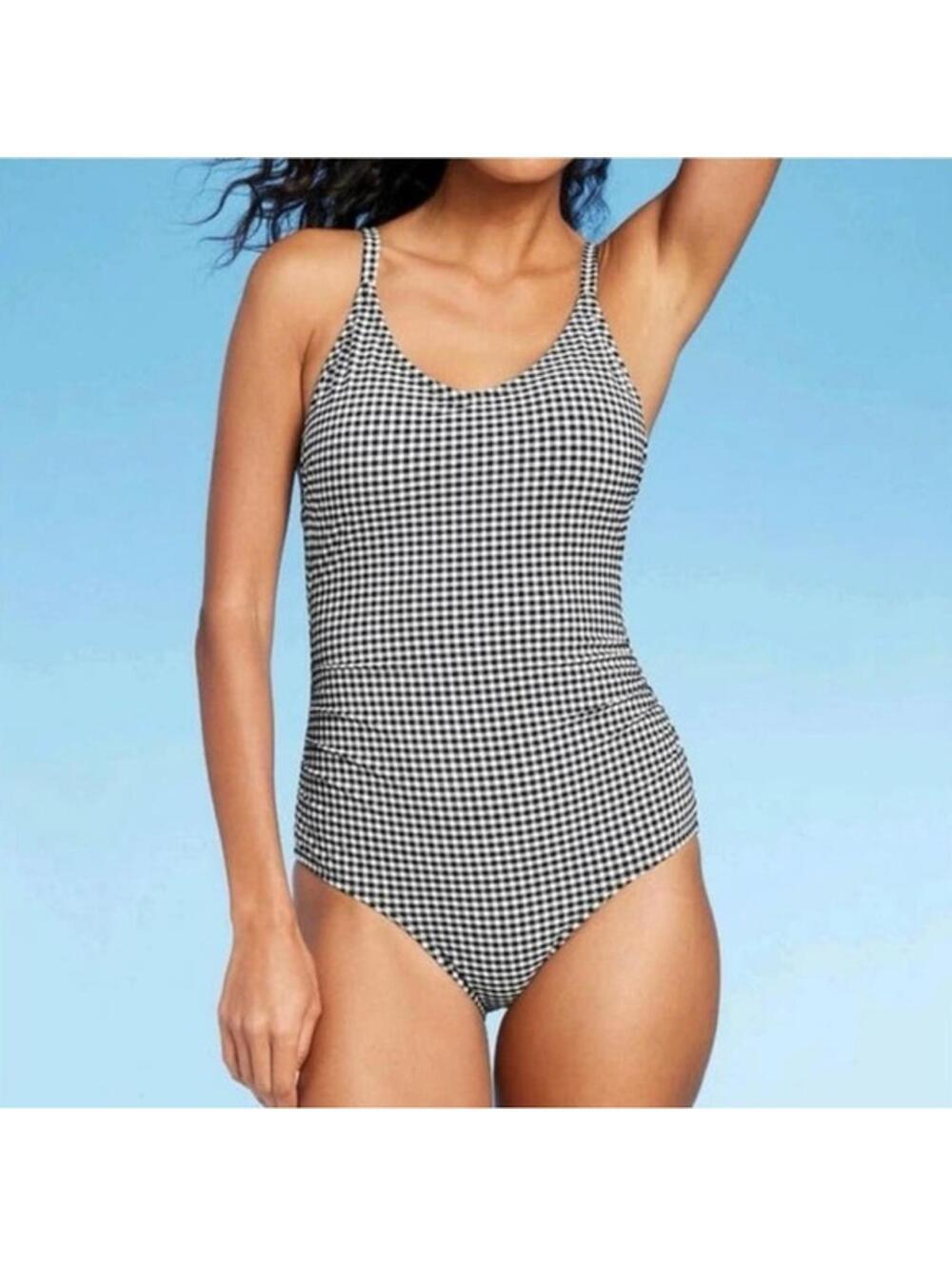 Kona Sol One Piece Swimsuit Size XL NWOT Black White Plaid Resort Vacation Beach - Picture 1 of 5
